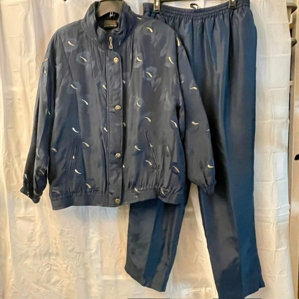 Mureli Vintage Silk Navy Floral Jacquard Gold Embroidery 2Pc Tracksuit Sz XL